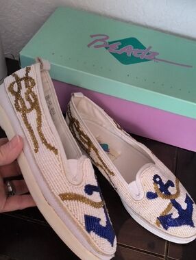Beaded Slip-On Flats in White with Blue & Gold Accent 🐟 Anchor ⚓